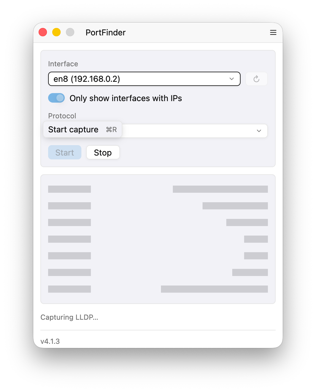 PortFinder capturing — progress bar running, Stop button active