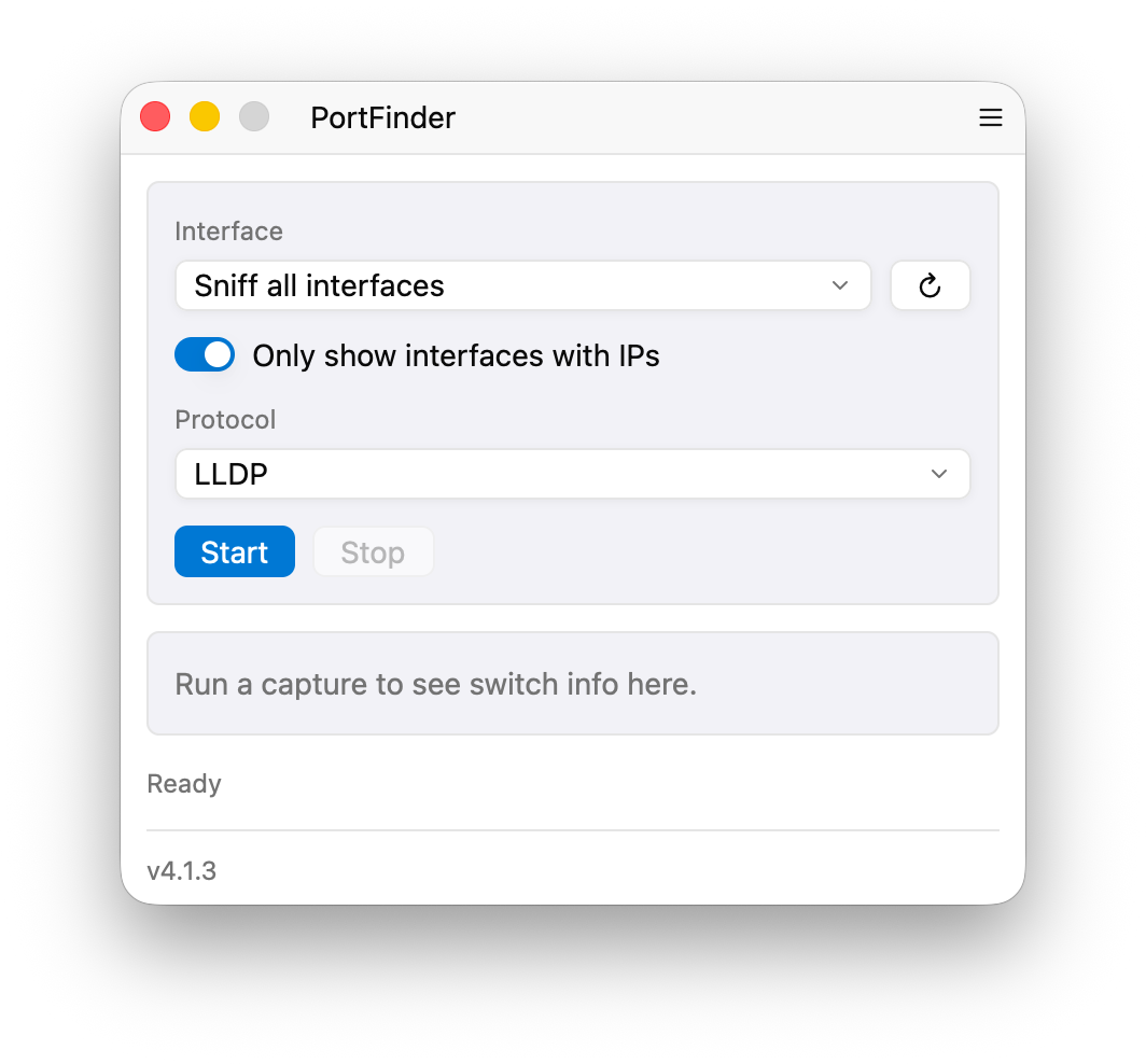 PortFinder ready to capture — interface and protocol selected