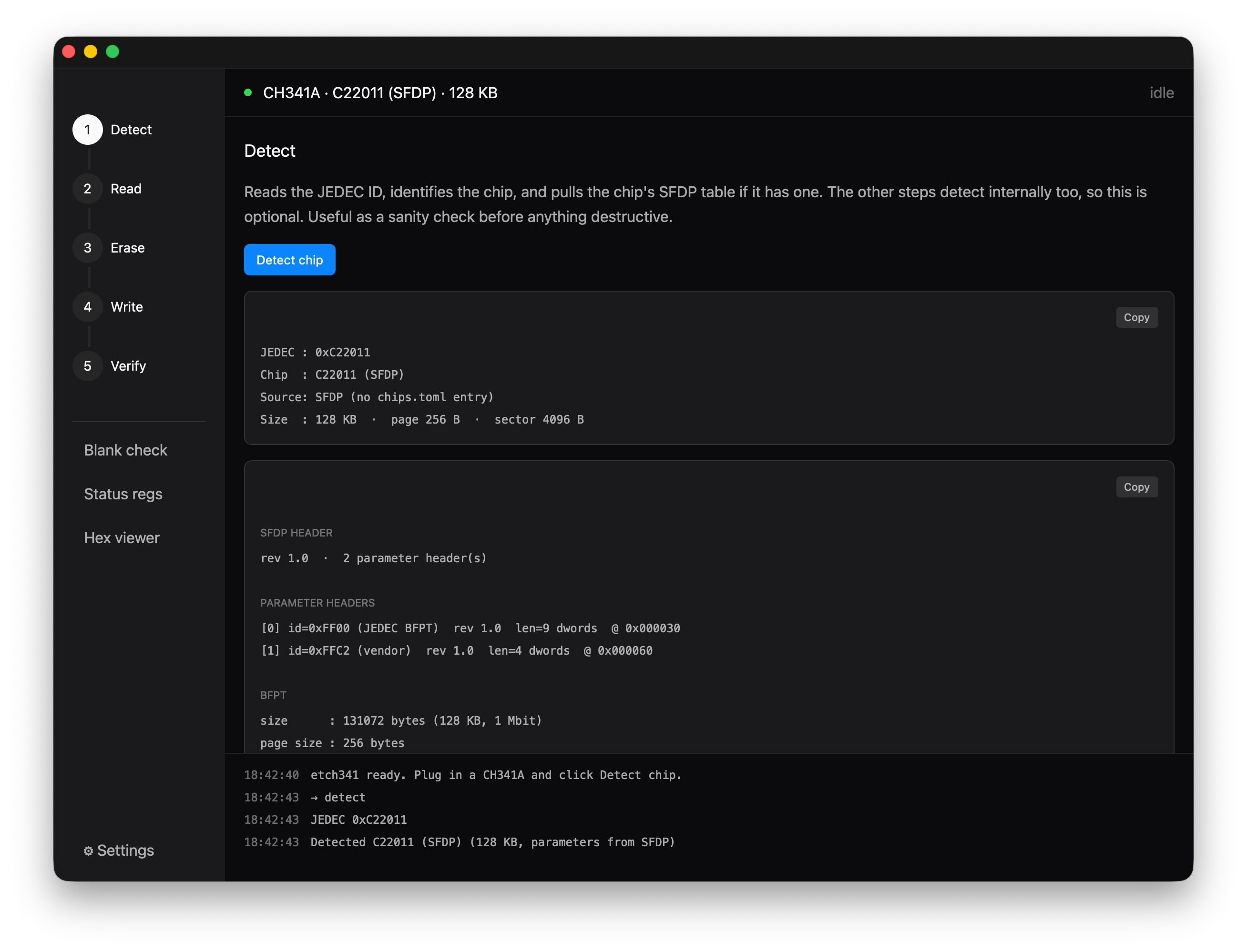 etch341 GUI showing the Detect pane with a chip identified, the workflow sidebar, and the activity log
