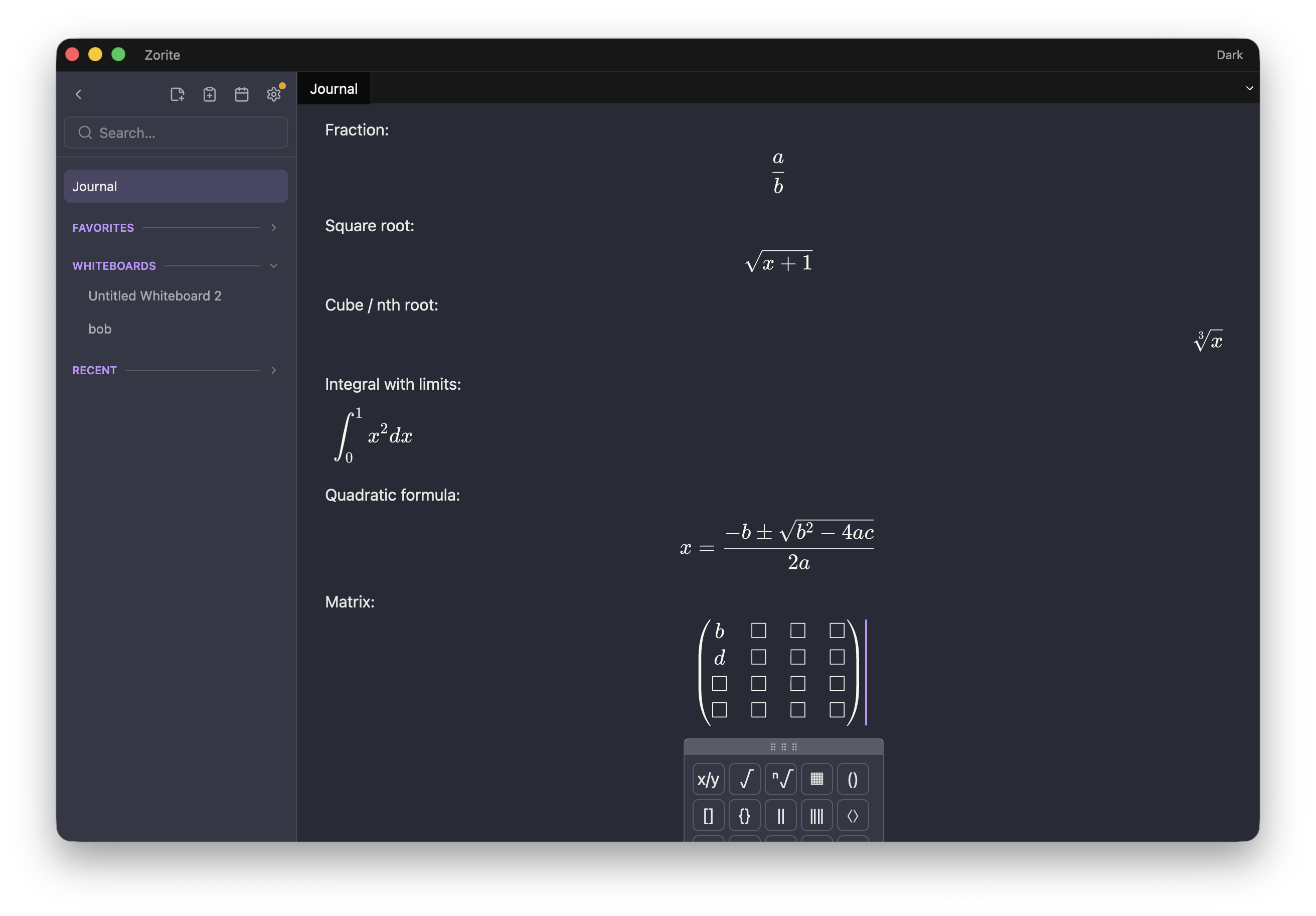 Zorite editing a formula in its 2-D structural math editor, with the symbol palette open