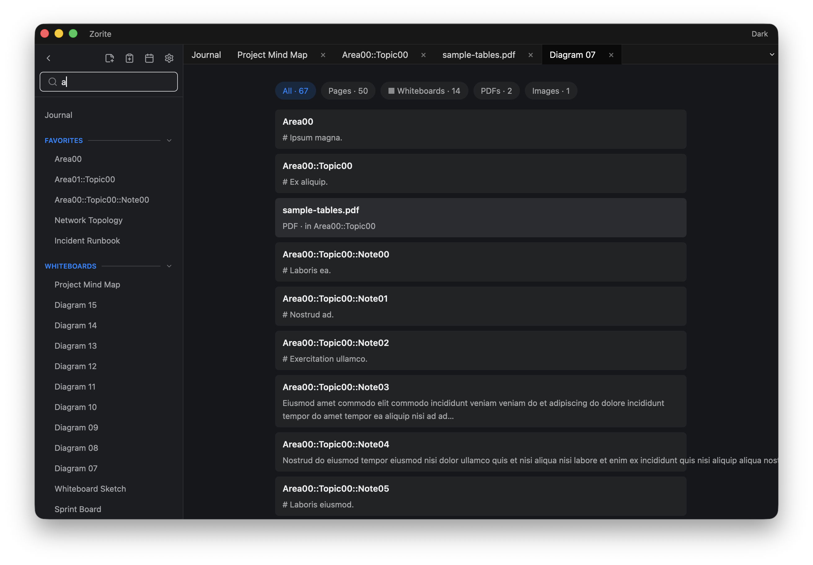 Zorite search results — type-aware results spanning pages, PDFs, images, and whiteboards with filter chips